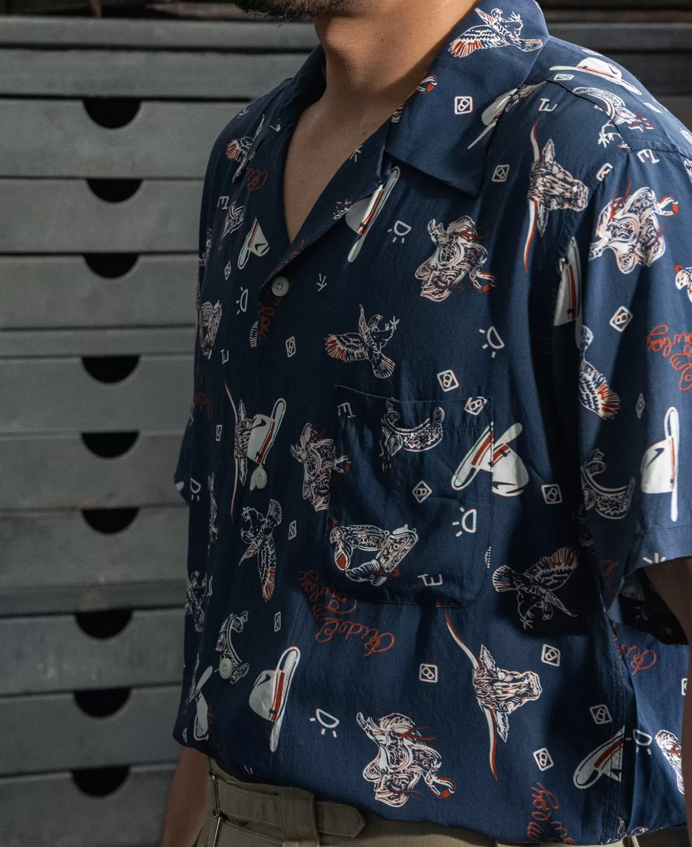 cowboy_symbols_pattern_cuban_collar_shirt__navy_2.webp Shop Cowboy Symbols Pattern Cuban Collar Shirt - Short Sleeve Shirts