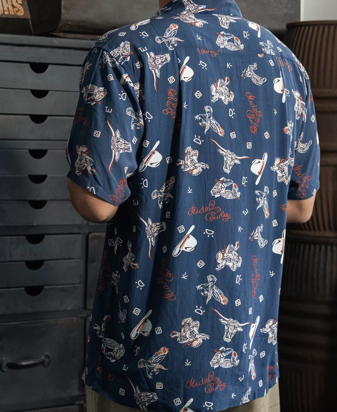 cowboy_symbols_pattern_cuban_collar_shirt__navy_3.webp Shop Cowboy Symbols Pattern Cuban Collar Shirt - Short Sleeve Shirts