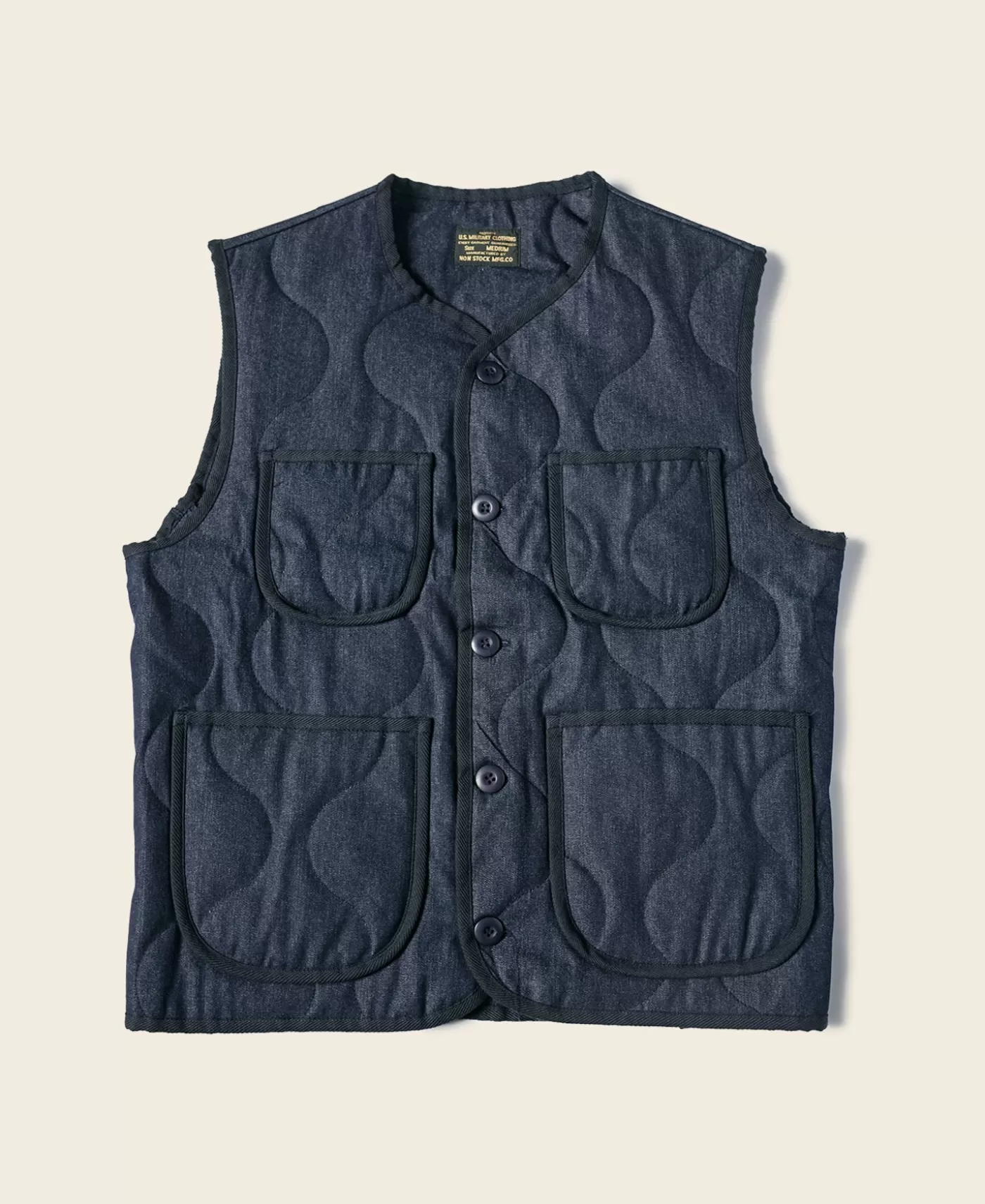 New Military Style Quilted Padded Denim Vest - Vests