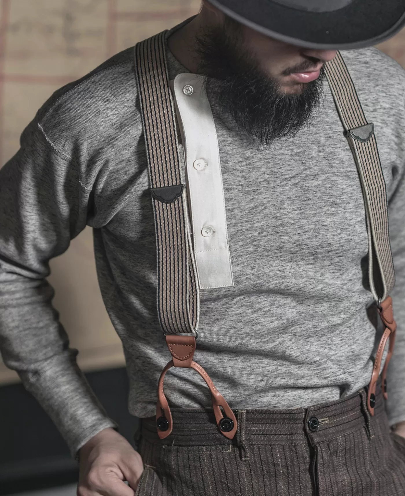 oldtime_yback_leather_button_suspenders__blueyellow_stripe_2.webp Store Old-Time Y-Back Leather Button Suspenders - Others