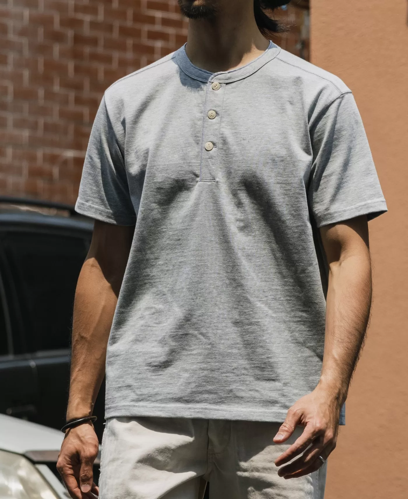 oz_cotton_short_sleeve_henley_tshirt__gray_3.webp Outlet 10.6 oz Cotton Short Sleeve Henley T-Shirt - Short Sleeve T-Shirts | Henleys