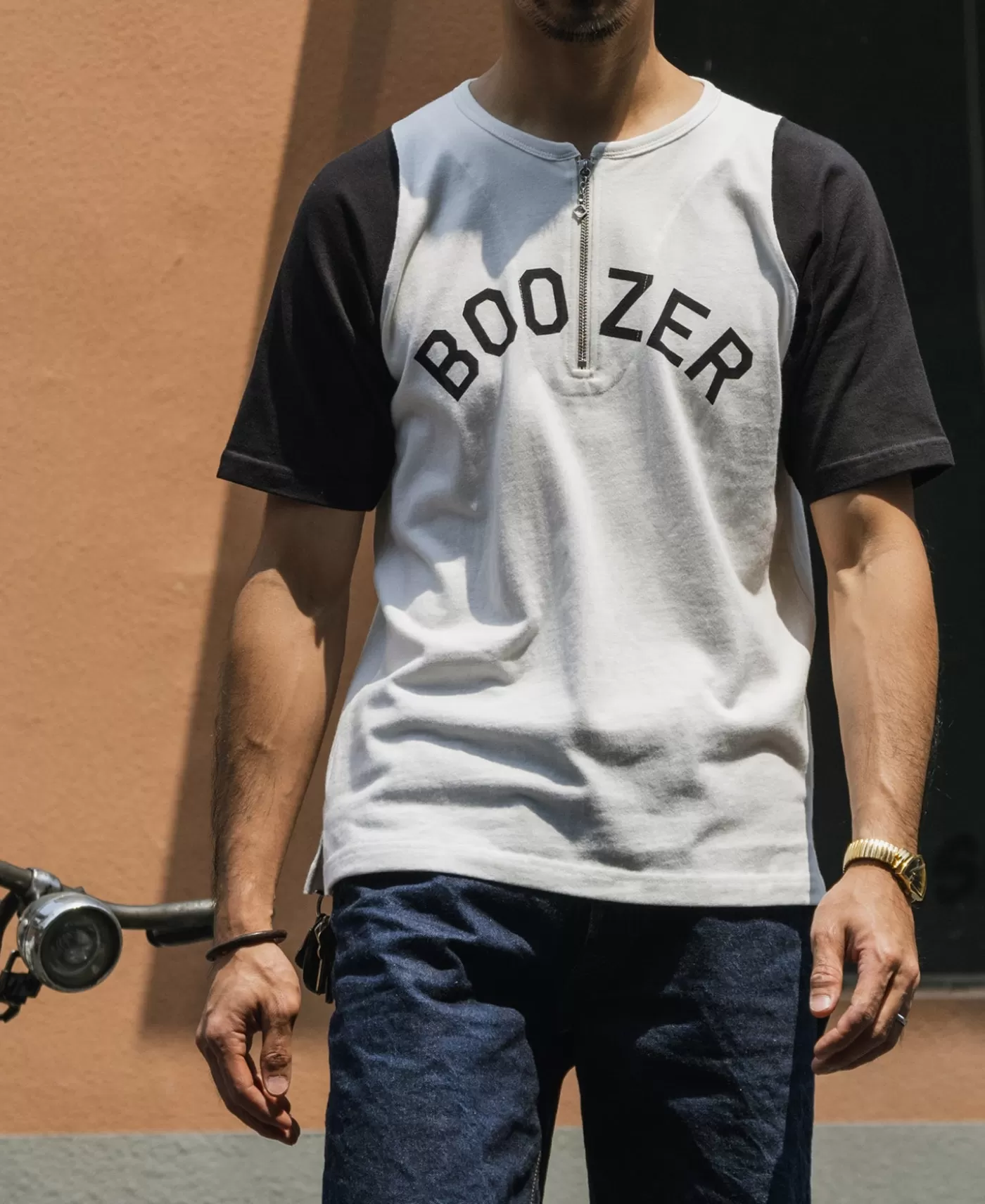 quarterzip_rider_printed_raglan_sleeve_tshirt__white_2.webp Online Quarter-Zip Rider Printed Raglan Sleeve T-Shirt - White Graphic T-Shirts | Short Sleeve T-Shirts