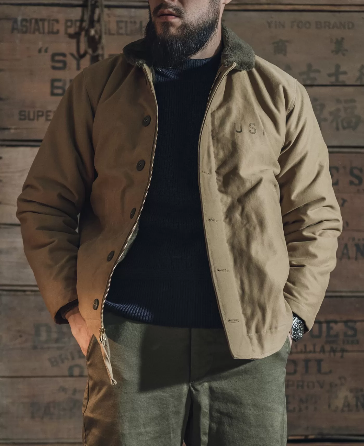 s_usn_rd_type_n_woolen_deck_jacket__khaki_stencil_2.webp Store 1940s USN 3rd Type N-1 Woolen Deck Jacket - Stencil Jackets & Coats