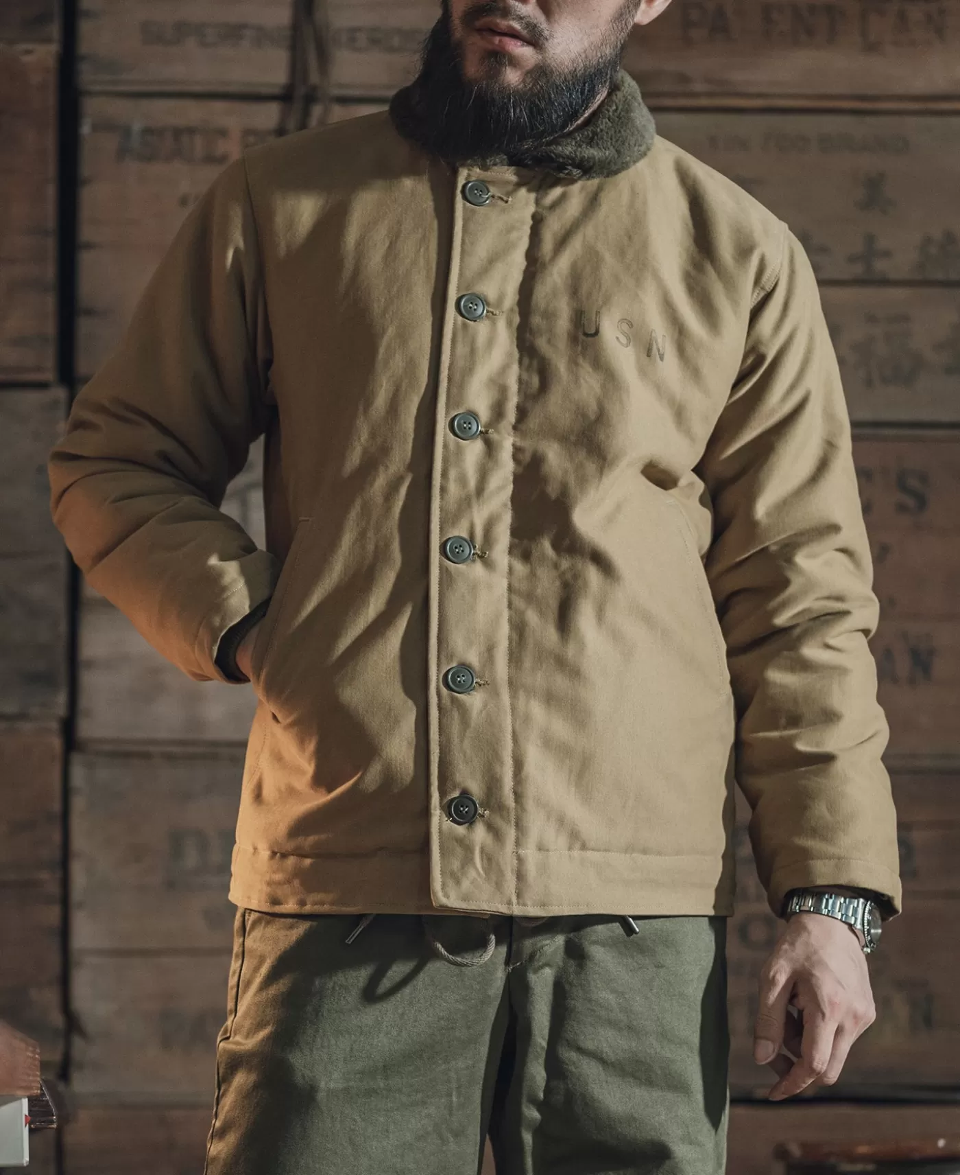 s_usn_rd_type_n_woolen_deck_jacket__khaki_stencil_3.webp Store 1940s USN 3rd Type N-1 Woolen Deck Jacket - Stencil Jackets & Coats