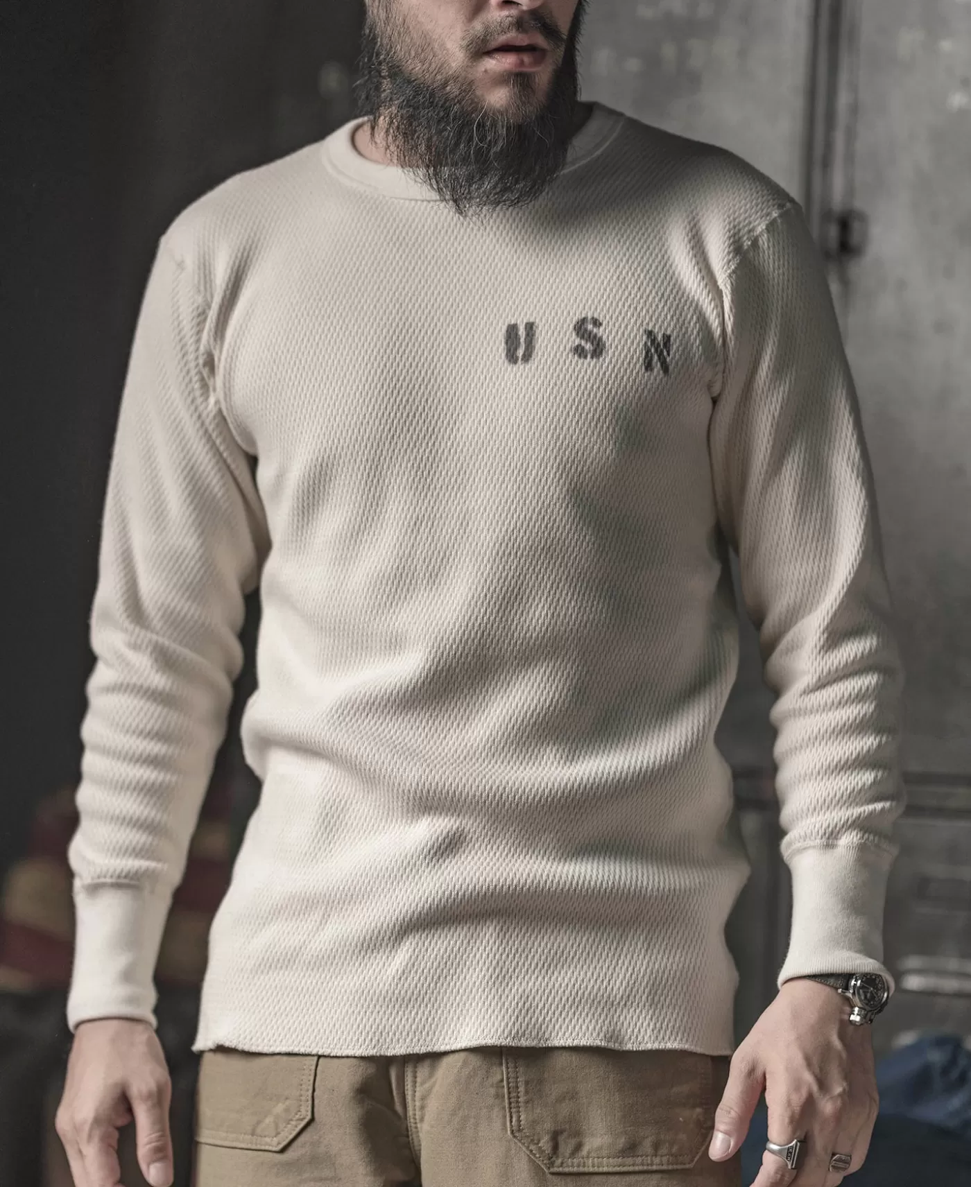 us_naval_raschel_knitting_waffle_thermal_shirt_3.webp Online US Naval Raschel Knitting Waffle Thermal Shirt Long Sleeve T-Shirts | Underwear